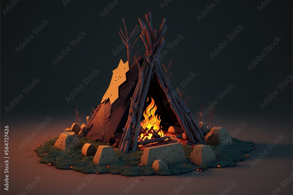 Poster a fire pit with a fire burning inside of it and a teepee tent on top of it with rocks and grass arou