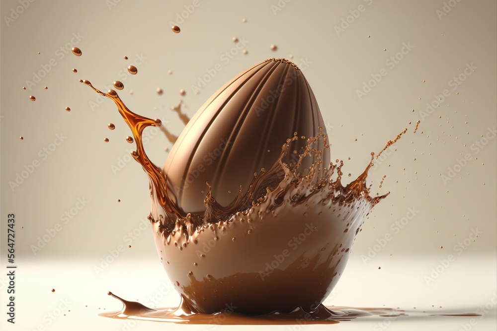 Poster a chocolate egg is being splashed with chocolate syrup and chocolate syrup on a white background wit