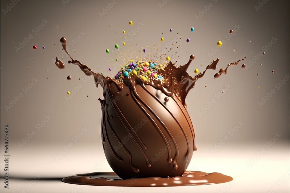 Poster a chocolate egg with a splash of chocolate on top of it and sprinkles of chocolate on the side of it