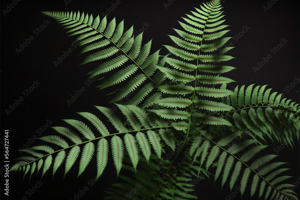 Poster  a green fern leaf is shown against a black background with a light reflection on it's surface and a dark background behind it, with a black background with a light spot for a.  generative ai