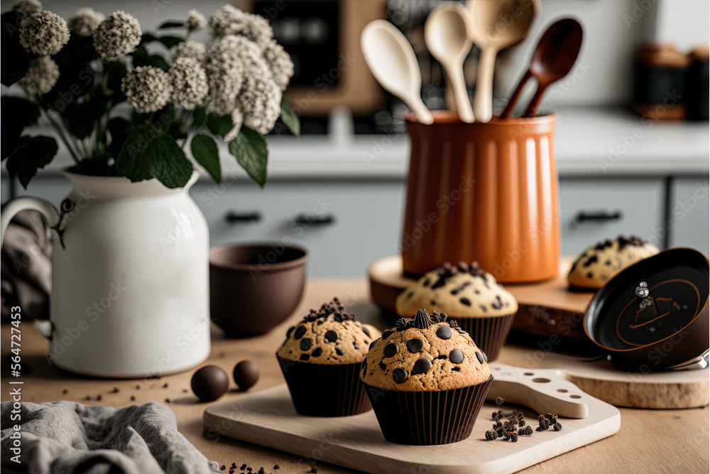 Poster a table with a bunch of muffins on it and a vase of flowers in the background with spoons and spoons