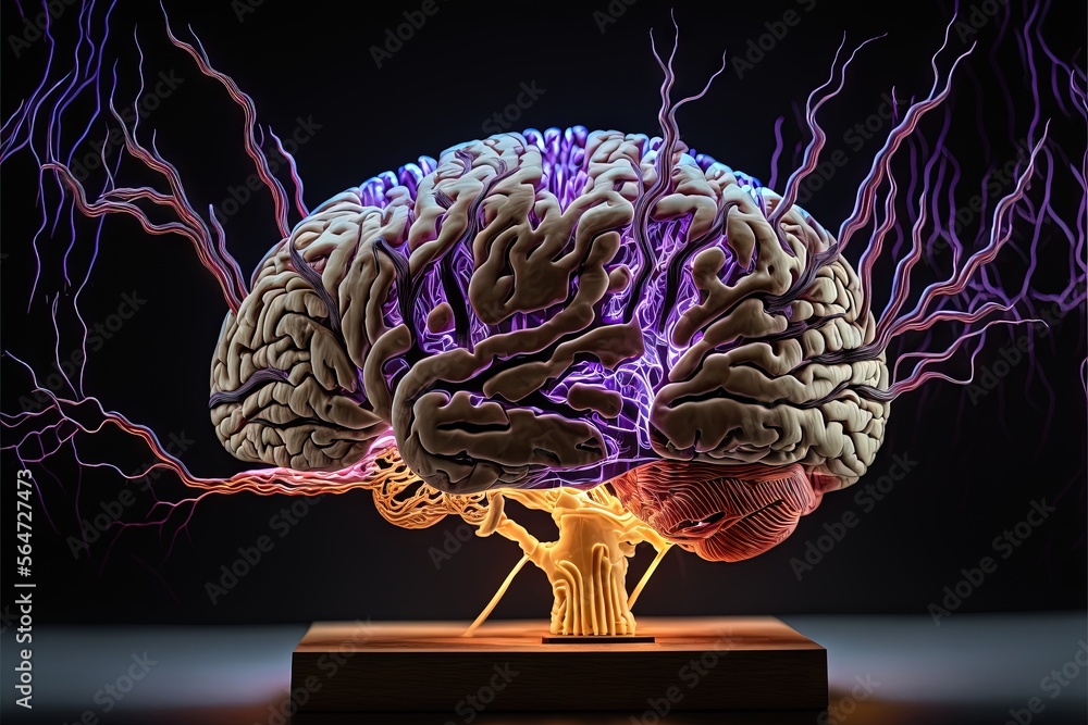 Poster a model of a human brain with electrical cords in it's brain and a glowing figure in the middle of t