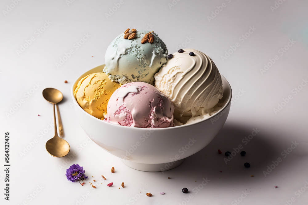 Poster a bowl of ice cream with spoons and spoons next to it on a white surface with a white background and