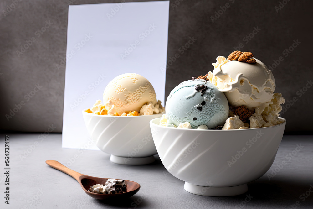 Poster  three ice creams in bowls with a spoon on a table next to a sign and a card on a table top with a spoon on it and a table with a spoon on it.  generative ai