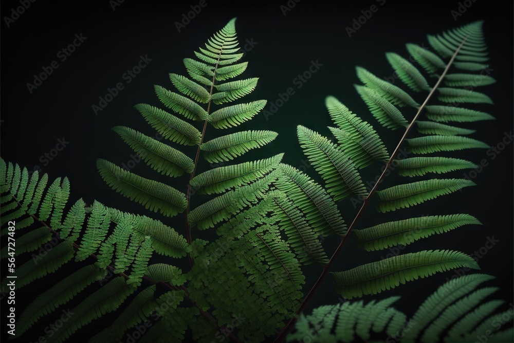 Poster  a green fern leaf is shown against a black background with a green light in the background and a black background with a green light in the middle of the top of the image is a.  generative ai