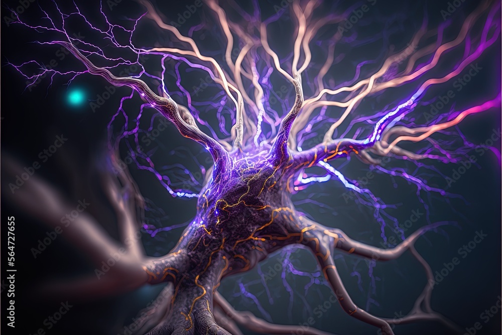 Poster a computer generated image of a tree with purple and yellow branches and a green light shining throu