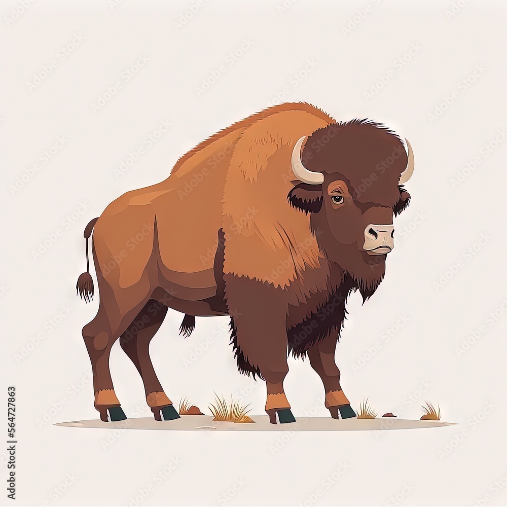 Poster a bison standing on a plain surface with grass on the ground and a white background with a light gra