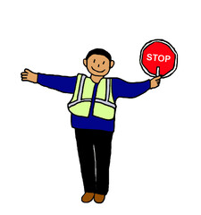 Smiling Man Cross Guard Wearing Safety Vest Holding a Stop Sign Cartoon Illustration