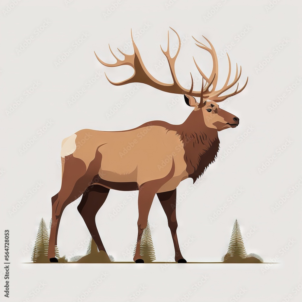 Poster a deer standing in the middle of a forest with trees around it's sides and a white background with a
