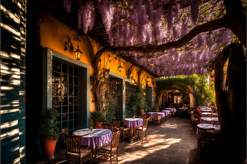 outdoor restaurant with wisteria overhanging tables