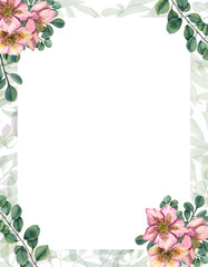 Watercolor card flower card with hellebores. Template for postcard, Save the date, Valentine's day, birthday and mothers day cards, wedding invitation