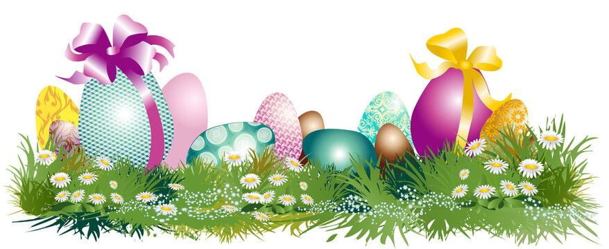 bandeau &oelig;ufs de p&acirc;ques color&eacute;s dans l'herbe sur fond transparent
