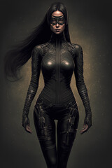 A woman as a black bodysuit ninja, sci-fi, full body, Isolated, Generative AI