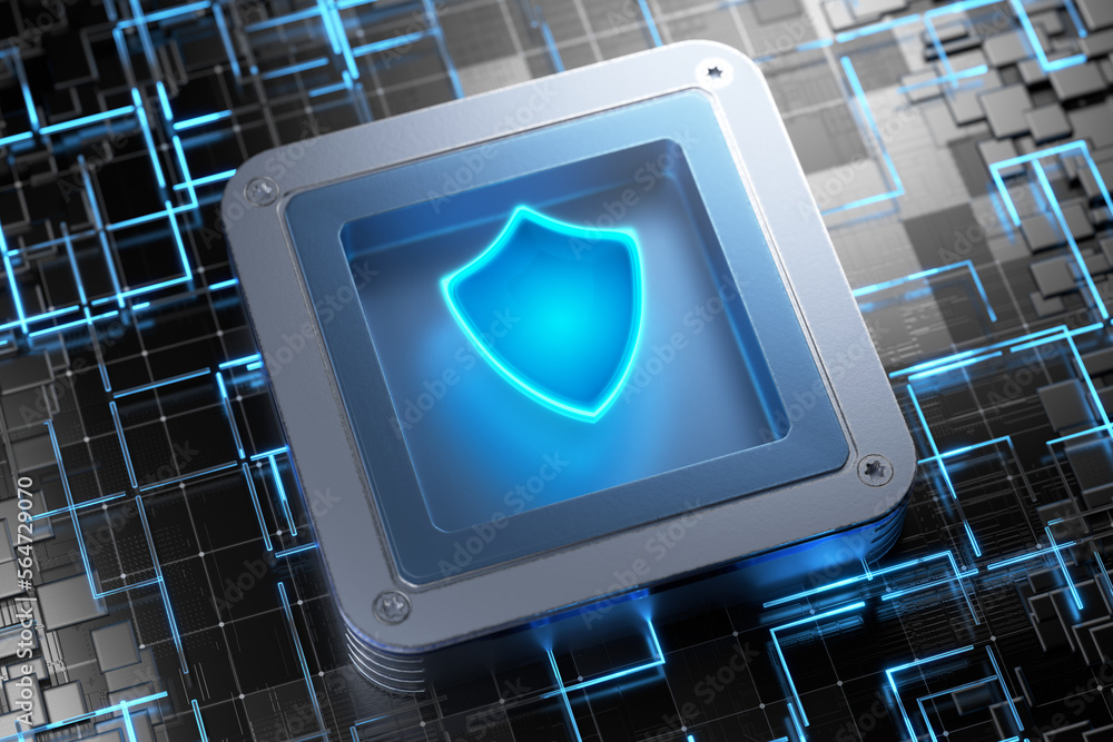 Poster luminous shield in the body. internet digital security technology concept for business. protect your