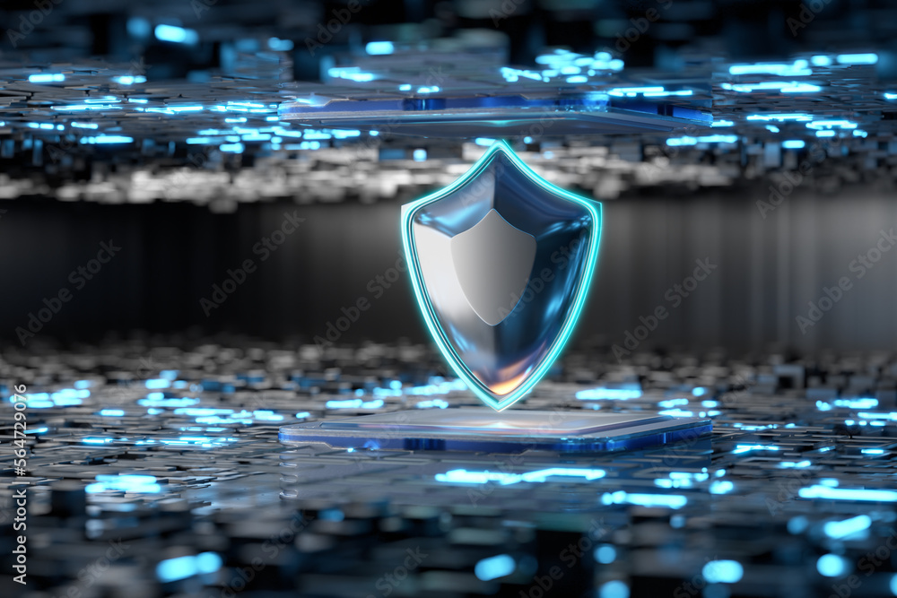 Aufkleber metal shield on a technological background. internet digital security technology concept for busines
