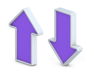 Up and Down Purple arrow 3d side view isolated on white background. Business icon. Up and down arrow. Up and down trend. 3D rendering.