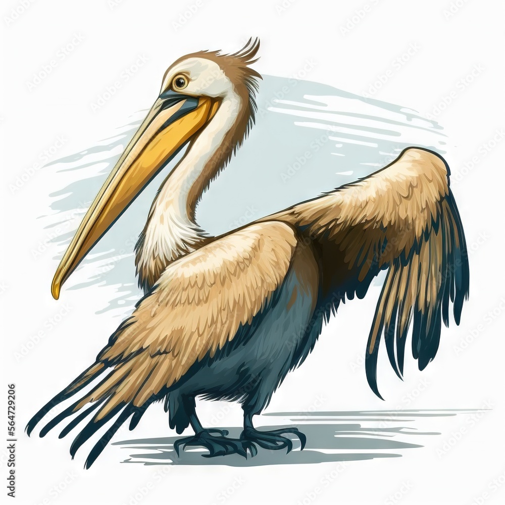 Poster a bird with a long beak standing on a white background with a shadow of its wings and a long beak on