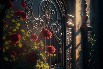 Morning sunshine adorable red roses Chinese classical walls and gates in the background,generative ai.