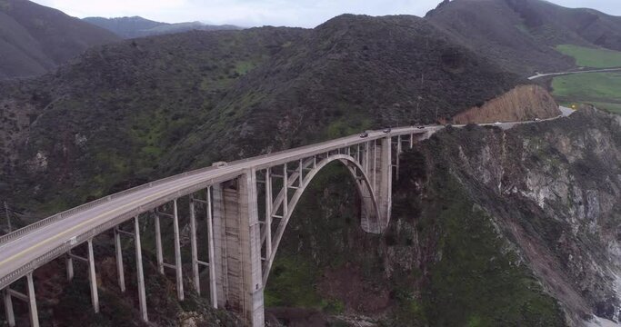 Bixby Creek Bridge also known as Bixby Canyon Bridge, on the Big Sur coast of California, is one of the most photographed bridges in California. Drone. USA