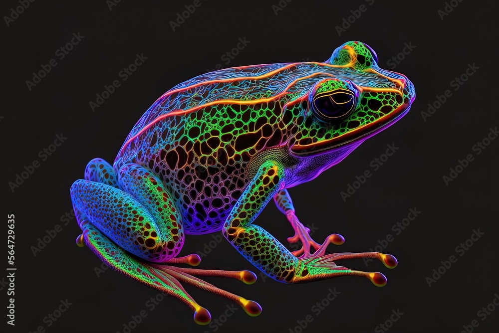 Poster generic ai of a neon iridescent psychedelic frog; not based on any particular real-world incident ge