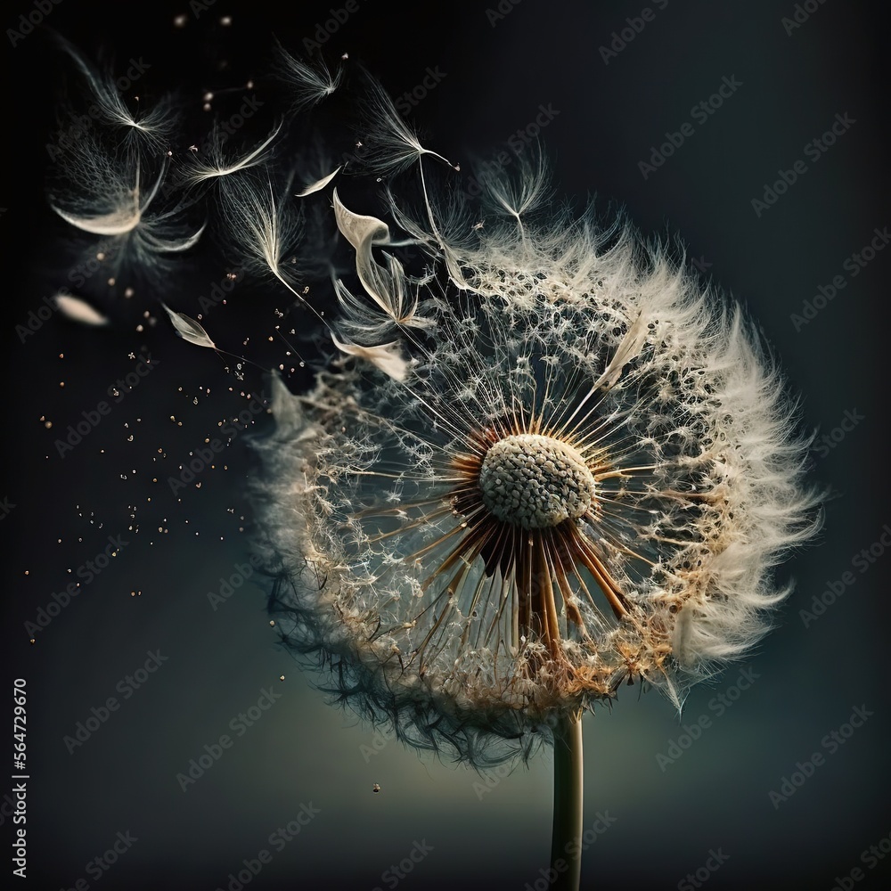 Aufkleber  a dandelion with flying seeds in the air with a dark background and a black background with a white dandelion in the middle of the dandelion, with flying seeds.  generative ai