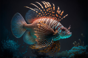 Fototapeta na wymiar Beautiful vibrant glowing lionfish under water.Created with generative ai