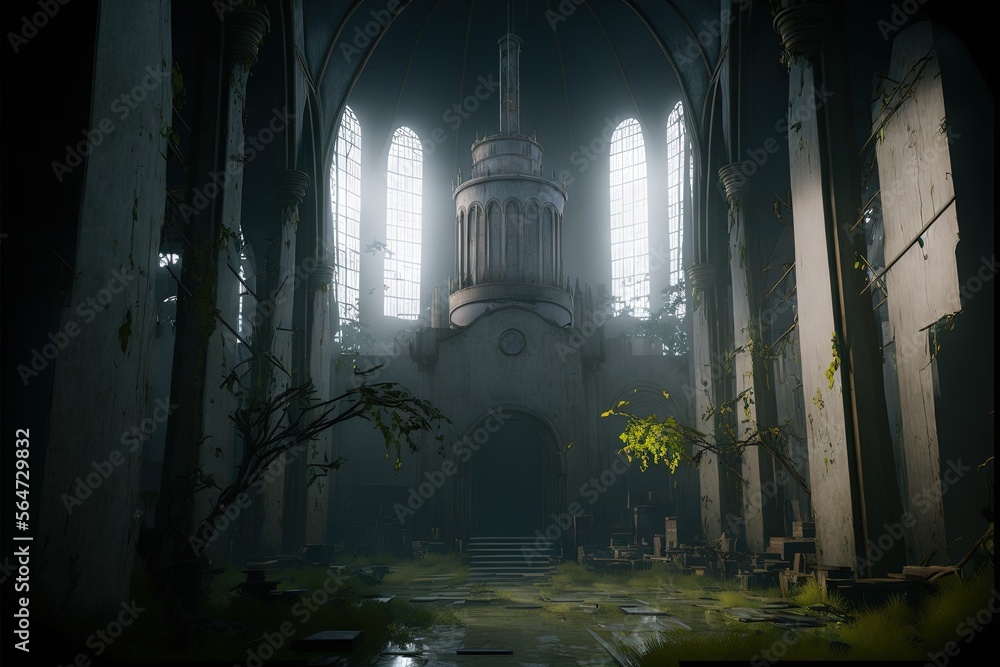 Poster a dark and creepy looking building with windows and a staircase leading up to it in the middle of a 