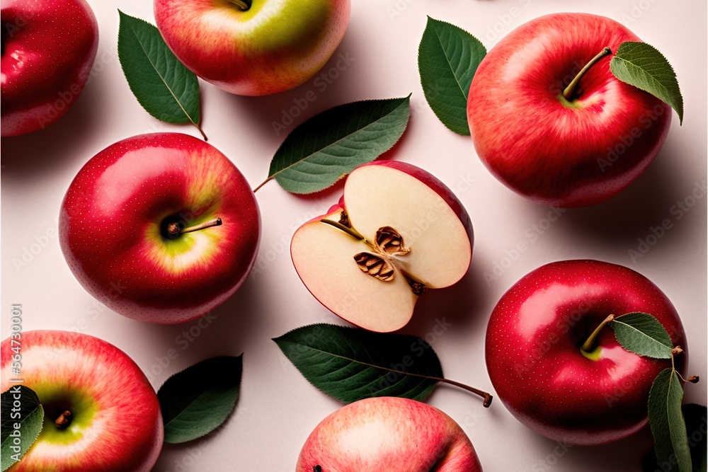 Poster a group of apples with leaves and a piece of apple on top of them with a bite taken out of one of th