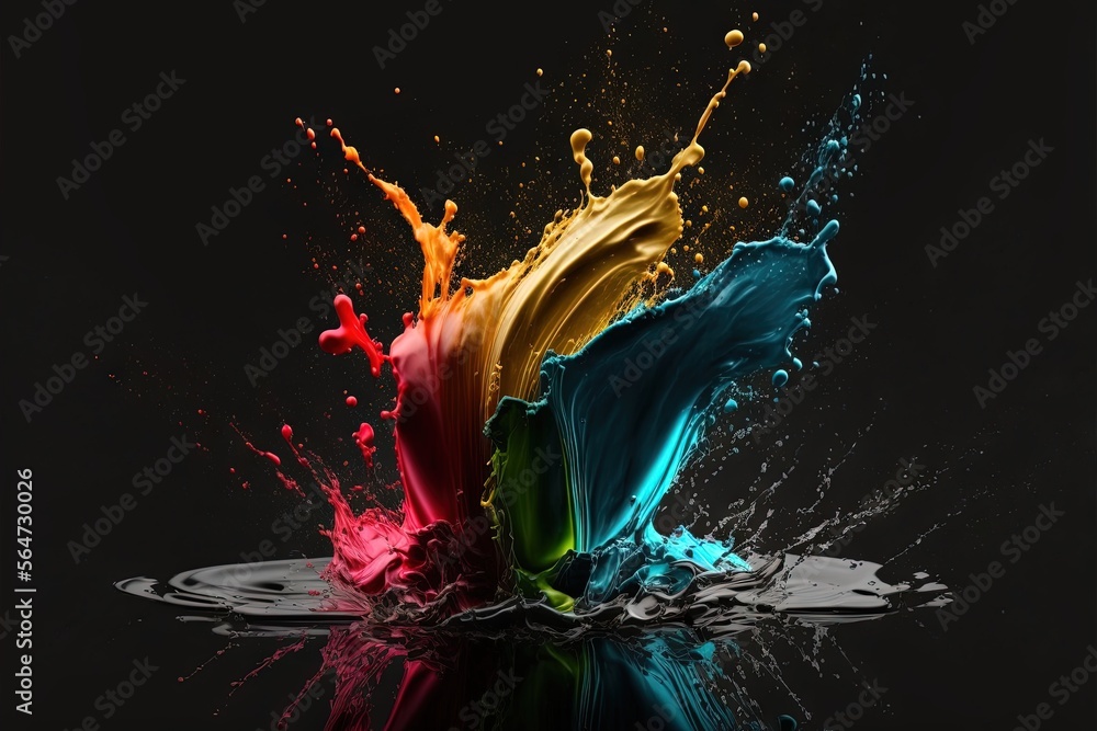 Poster a splash of colored liquid is in the water on a black background with a reflection of the water and 