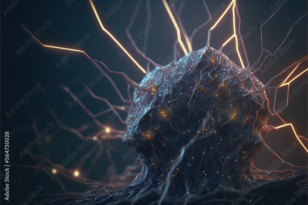Poster a computer generated image of a human brain with many wires and dots in it, and a black background w