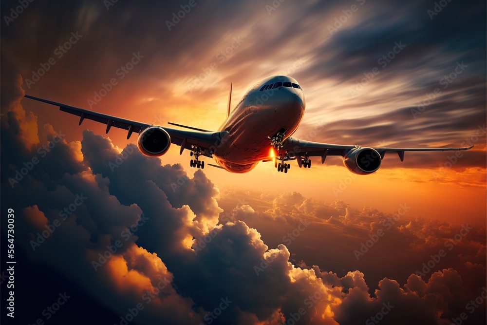 Poster a plane flying in the sky above the clouds at sunset or dawn with the sun setting behind it and clou