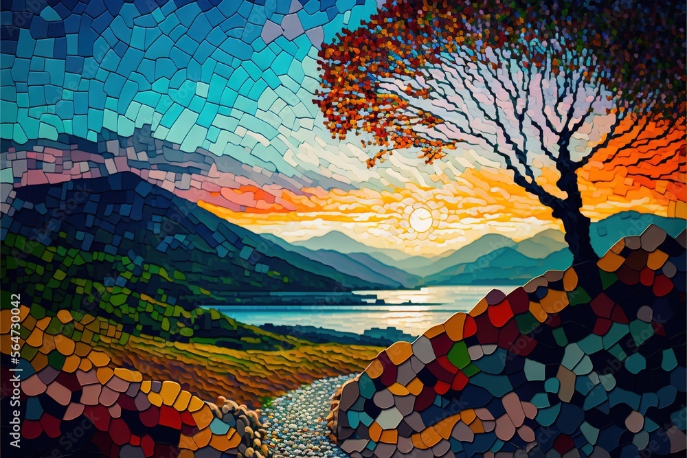 Poster a painting of a colorful landscape with a river and a tree in the foreground and a sunset in the bac