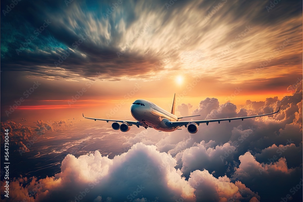 Poster a plane flying in the sky above the clouds at sunset or dawn with the sun setting behind it and clou