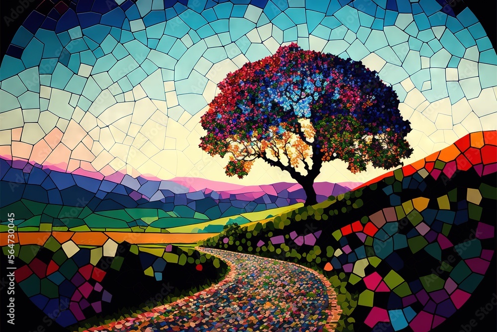 Poster  a painting of a tree on a colorful road with a sky background and a colorful mosaic design over it that is a mosaic effect of a tree on the road and a hill with a.  generative ai