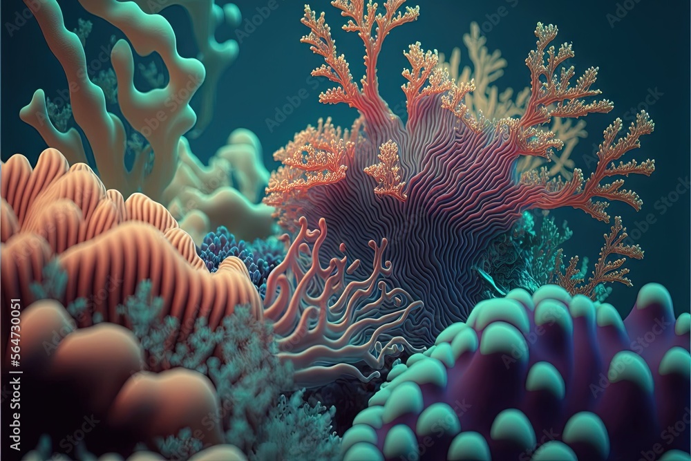 Poster a colorful coral reef with many different colored corals on it's sides and a blue background with a 