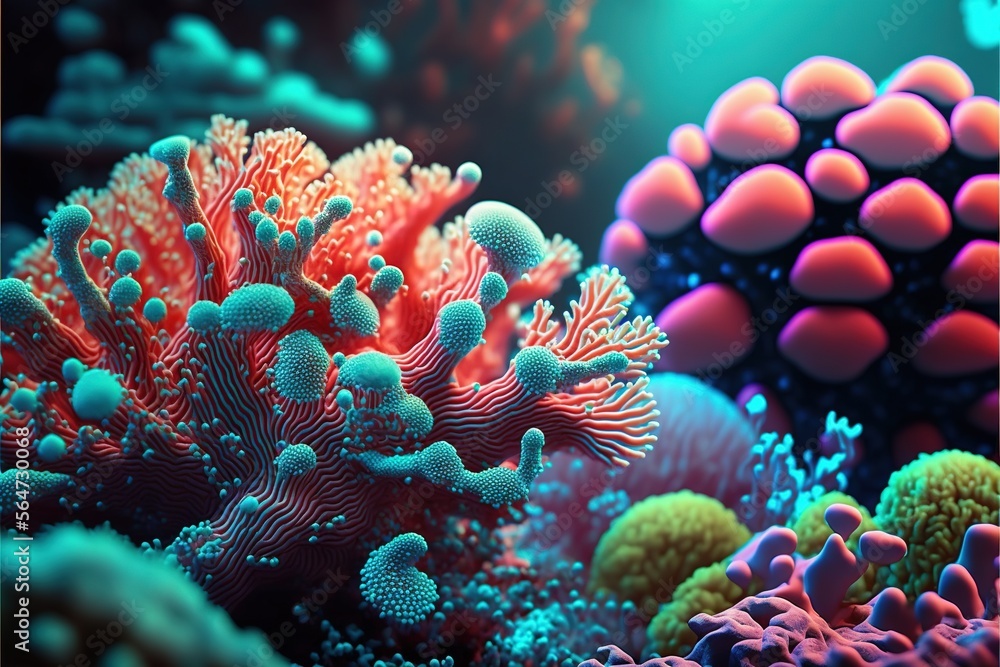 Poster  a close up of a bunch of corals under water with a light shining on them and a blue background with a red and green color scheme on the bottom right side of the image.  generative ai