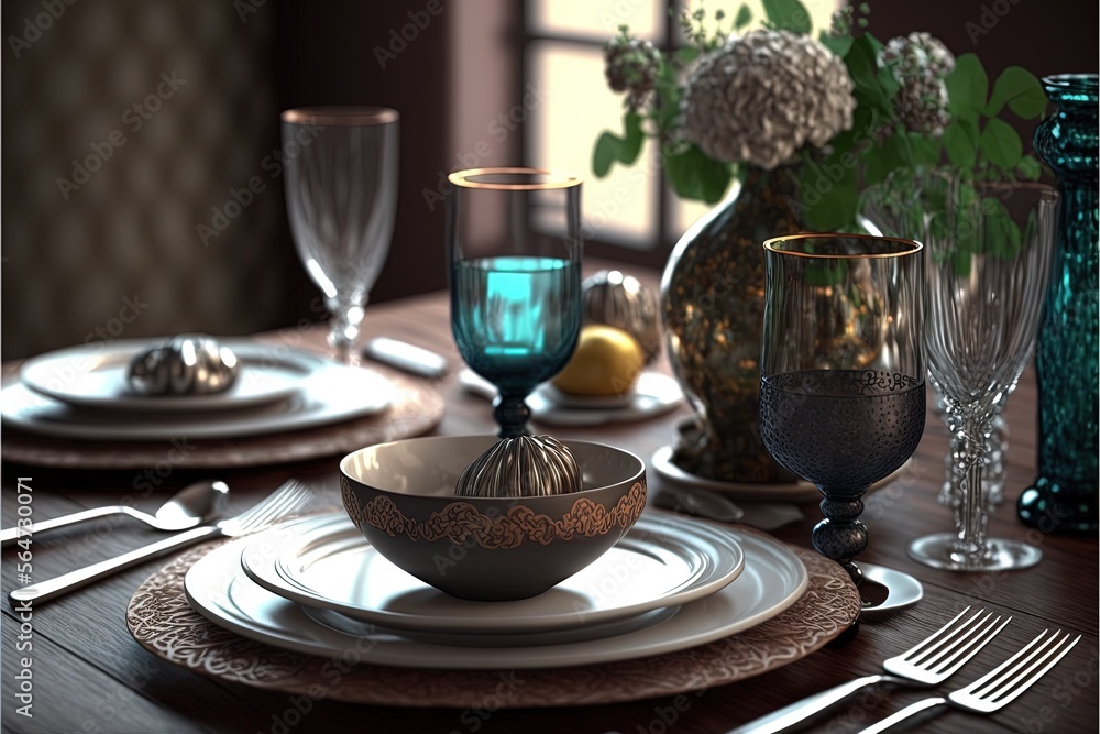 Aufkleber a table with a bowl, plate, and glasses on it with a vase of flowers in the background and a vase wi