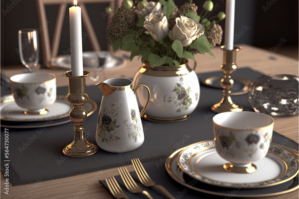 Poster a table set with a vase of flowers and a candle holder with a plate and a cup on it and a plate with