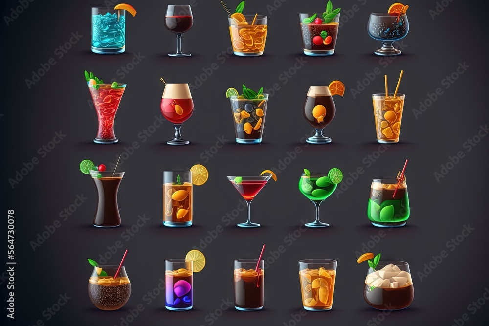 Poster a set of different types of cocktails on a black background with a shadow in the middle of the image