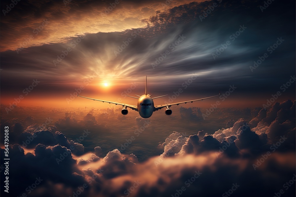 Poster a plane flying in the sky with a sunset in the background and clouds below it, with the sun setting 