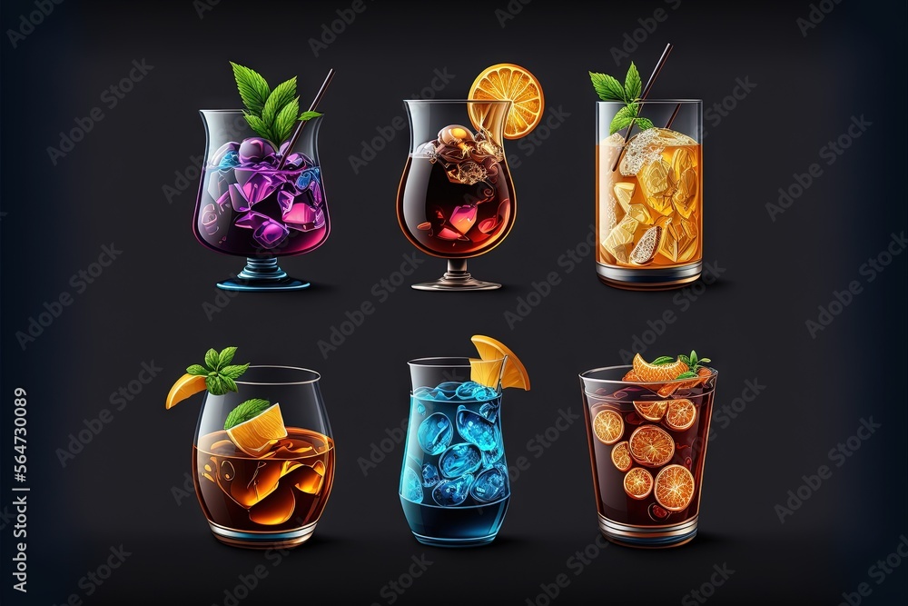 Poster a set of four different types of drinks in glasses with different flavors and flavors of ice and wat