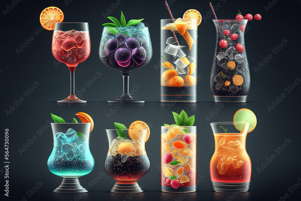 Poster a set of different types of drinks in glasses with different flavors and flavors of fruit and ices o