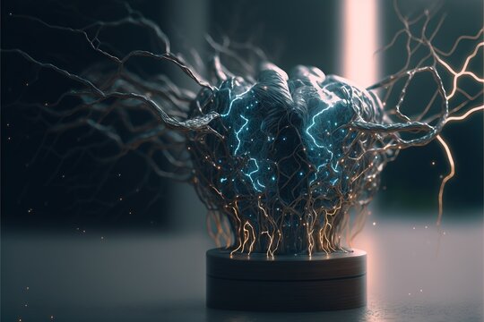  a sculpture of a brain with a lot of wires in it's center and a window in the background with lightening from the top of the image to the bottom right side of the image.  generative ai