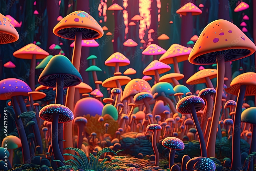 Poster depicting hallucinogenic mushrooms in a forest; not based on any particular place or event. generati