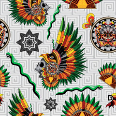 Aztec Eagle Warrior Mask with tribal elements and feathers Crown Decorations Vector Seamless Textile Motive Pattern Design 