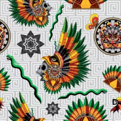 Fototapete Zeichnung Aztec Eagle Warrior Mask with tribal elements and feathers Crown Decorations Vector Seamless Textile Motive Pattern Design 
