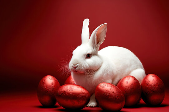 Generative AI of cuddly Easter bunny and Red Eggs: Generated Bunnies and Red Eggs for an Authentic Easter Tradition
