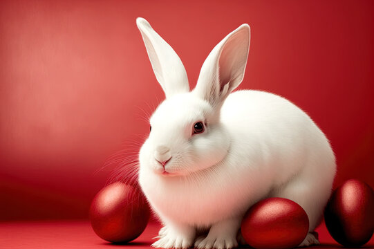Generative AI of cuddly Easter bunny and Red Eggs: Dyed Red Easter Eggs and an Easter Bunny Pet for a Decorated Home