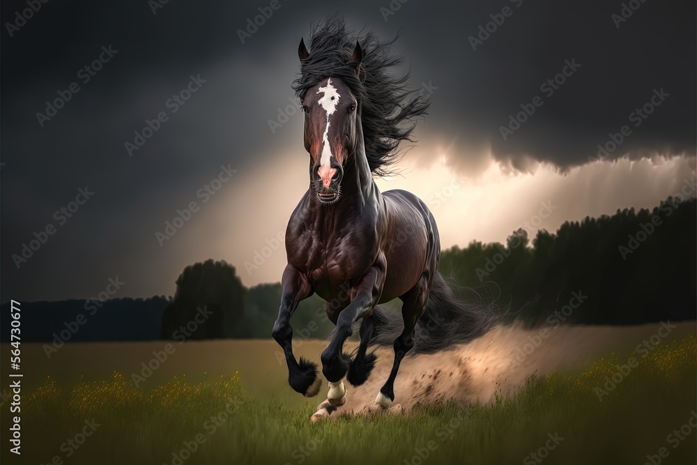 Poster a horse running through a field with a storm in the background and a sky filled with clouds above it