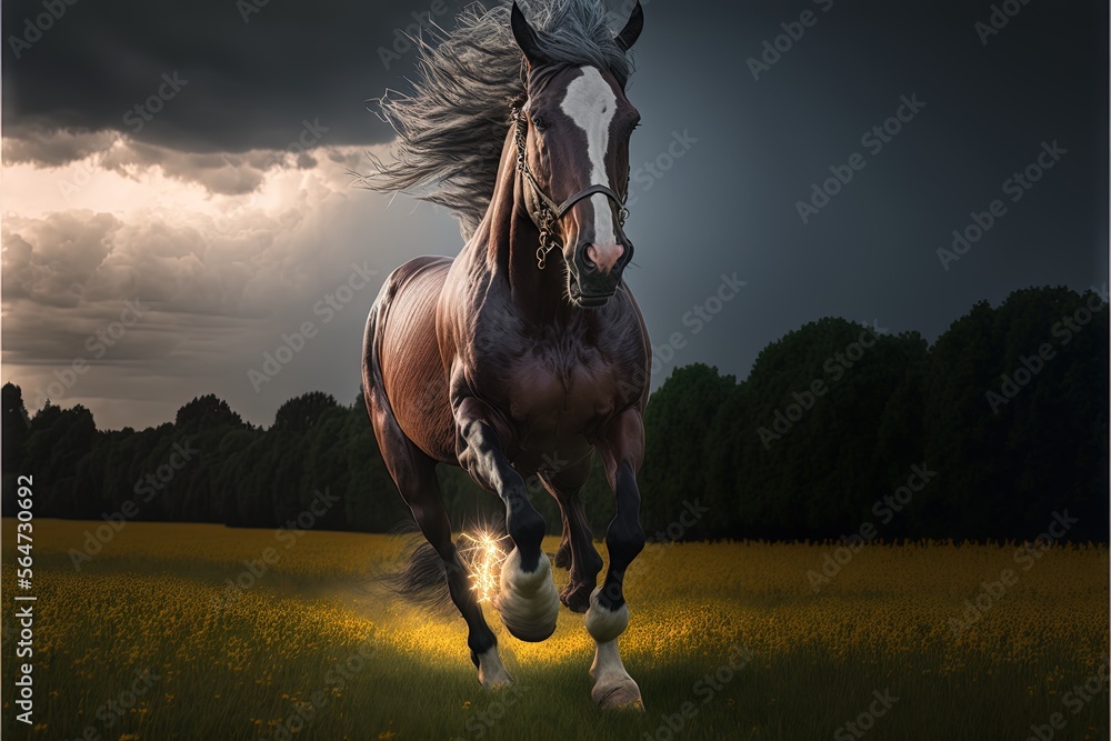 Poster a horse running through a field of grass under a cloudy sky with trees in the background and a sunbe